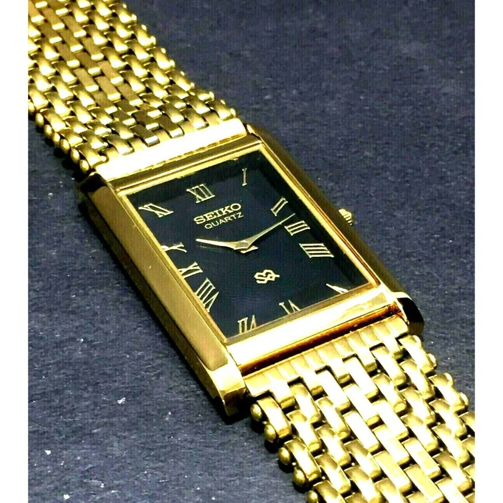 RARE Seiko‎ SQ Tank Mens Watch Gorgeous Black Dial Italian Milanese
